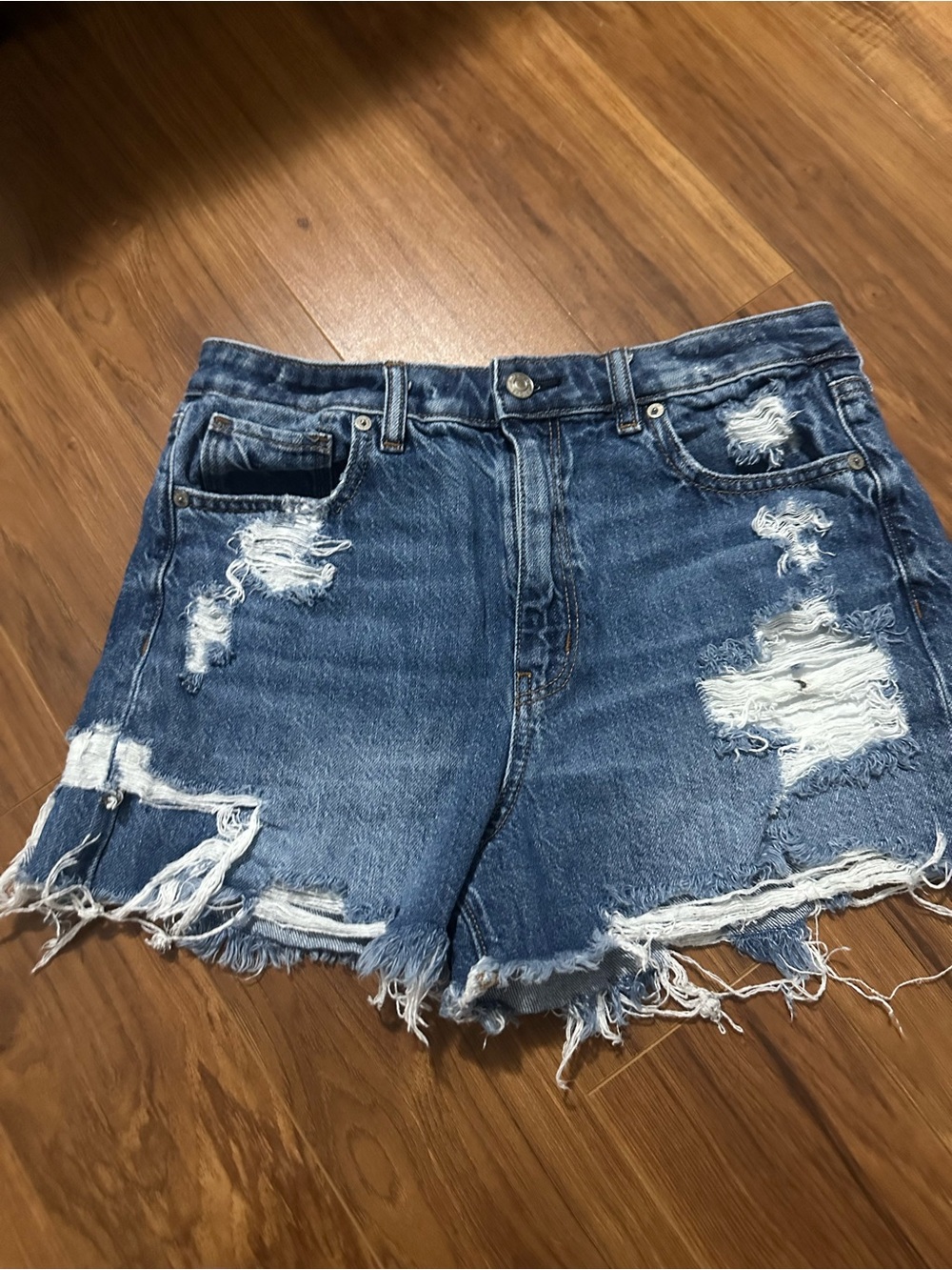 American Eagle Outfitters Distressed Dark Blue Denim Cutoff Shorts-Mom Shorts